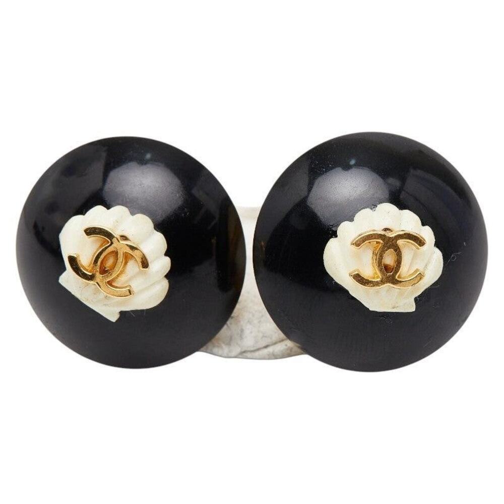 Chanel CC Logo Shell Plastic Plated Earrings Black